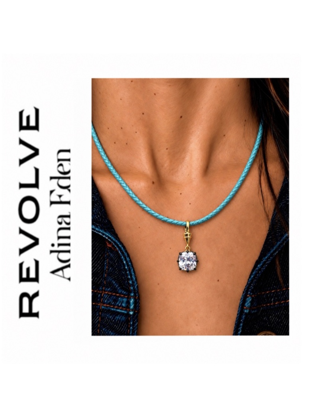 Adina Eden Turquoise Faux Leather Cord & CZ Black Rhodium Square Pendant
